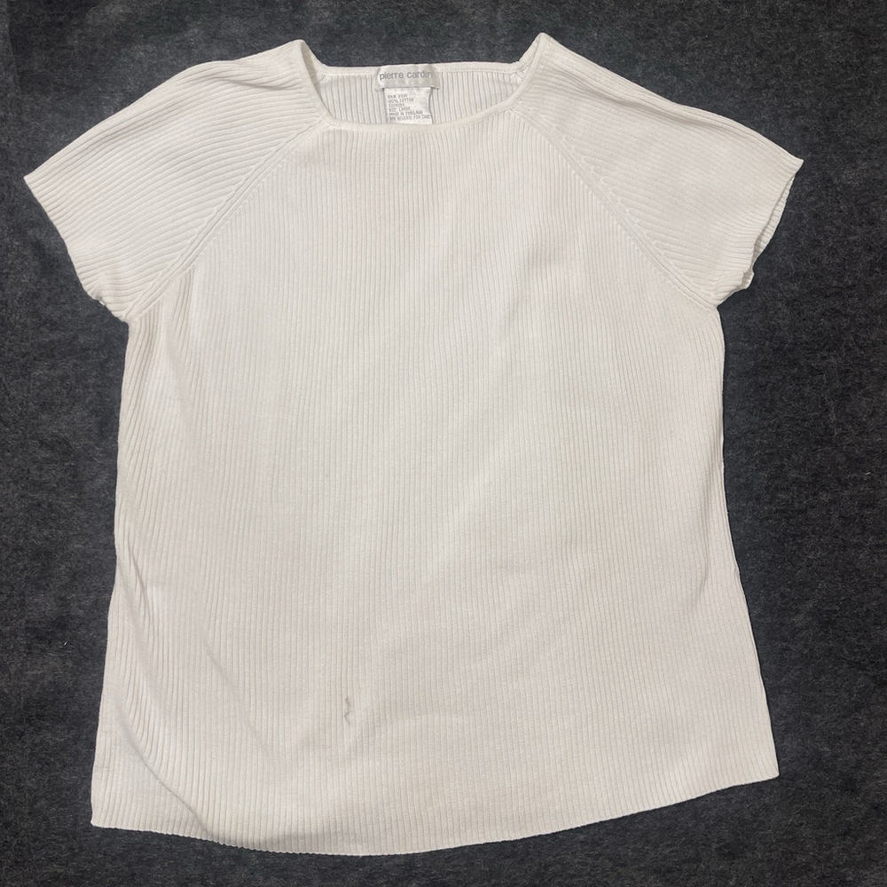 Pierre Cardin Sweater Womens Sz M White Ribbed Knit 100% Cotton Short Sleeve VTG